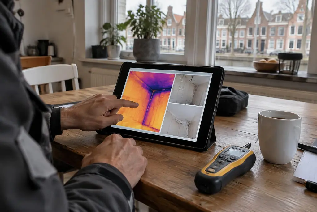 Lekdetectie Medemblik – lekdetectierapport met warmtebeelden en foto's op een tablet