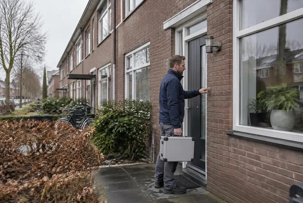 Lekdetectiespecialist met meetkoffer bij de voordeur van een woning in Medemblik