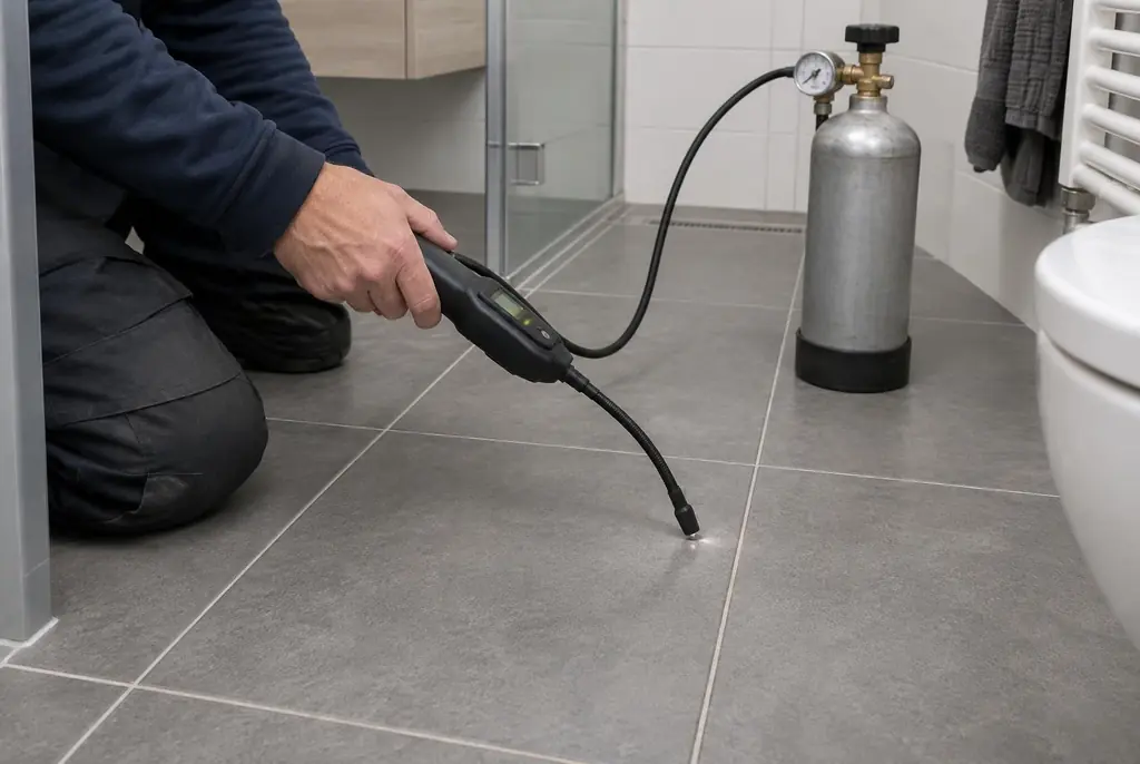 Lekdetectie Medemblik – technicus spoort met tracergas een lekkage op in de vloer